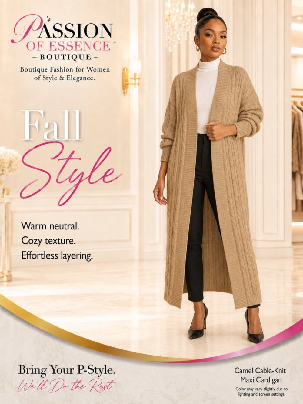 Women’s L Camel Cable-Knit Maxi Cardigan Open-Front Long Sweater